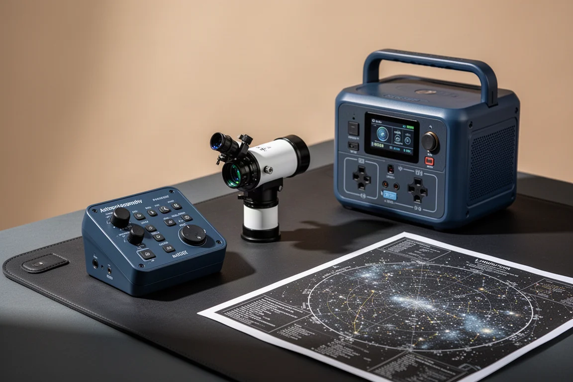 Astrophotografie-Controller, kleines Teleskop und tragbare Powerstation auf dunkler Oberfläche