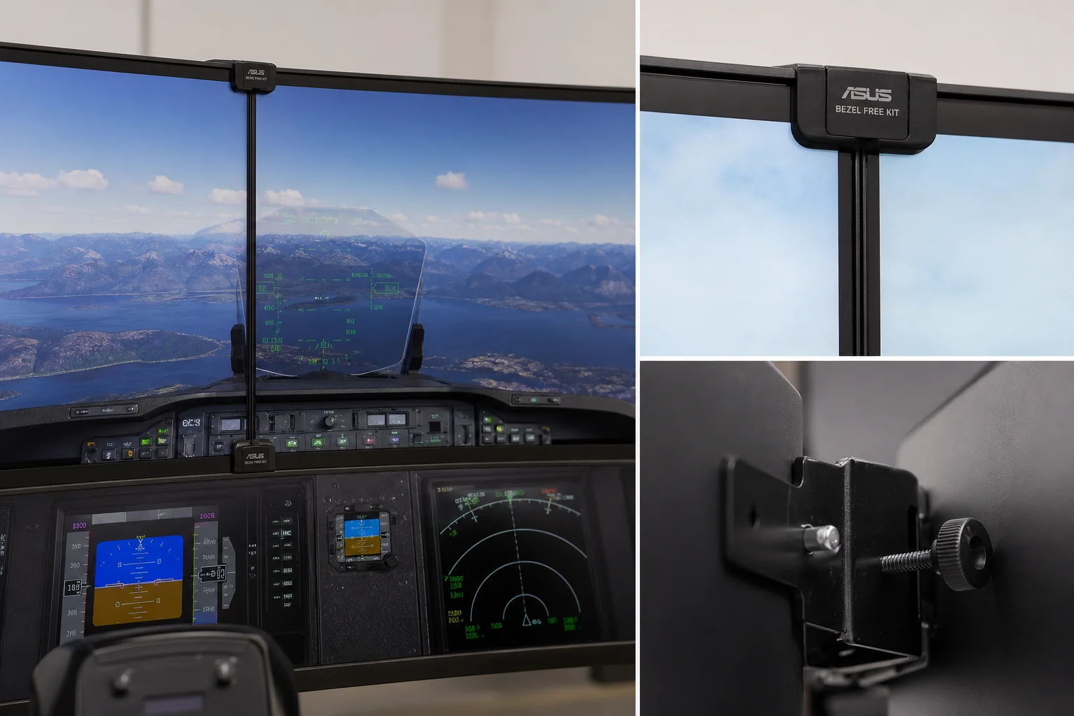 Cabina de simulador de vuelo doméstico profesional con mando, aviónica, controles de aceleración y tres monitores