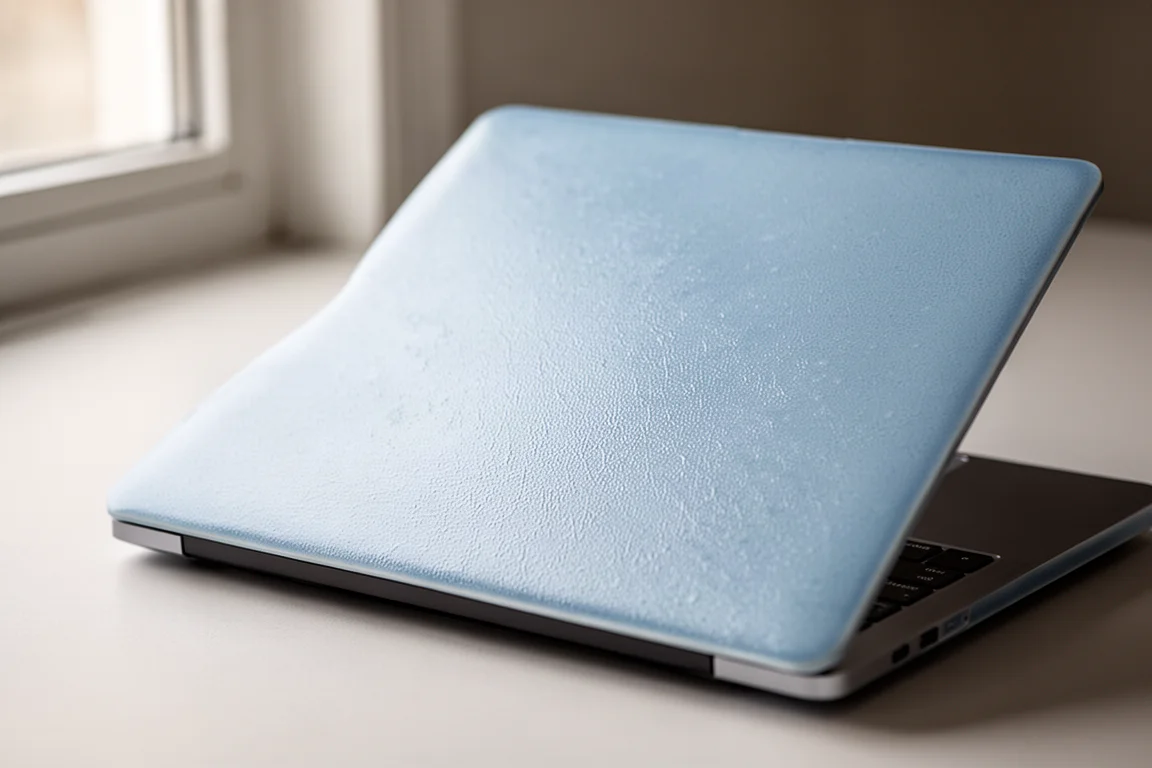 華碩 Zenbook 14 上蓋近照，採用 Arctic Blue 陶瓷鋁質紋理