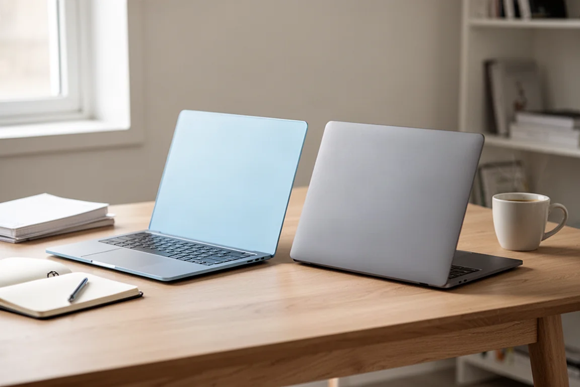 華碩 Vivobook S14 與 S16 並排置於明亮書房空間的書桌上