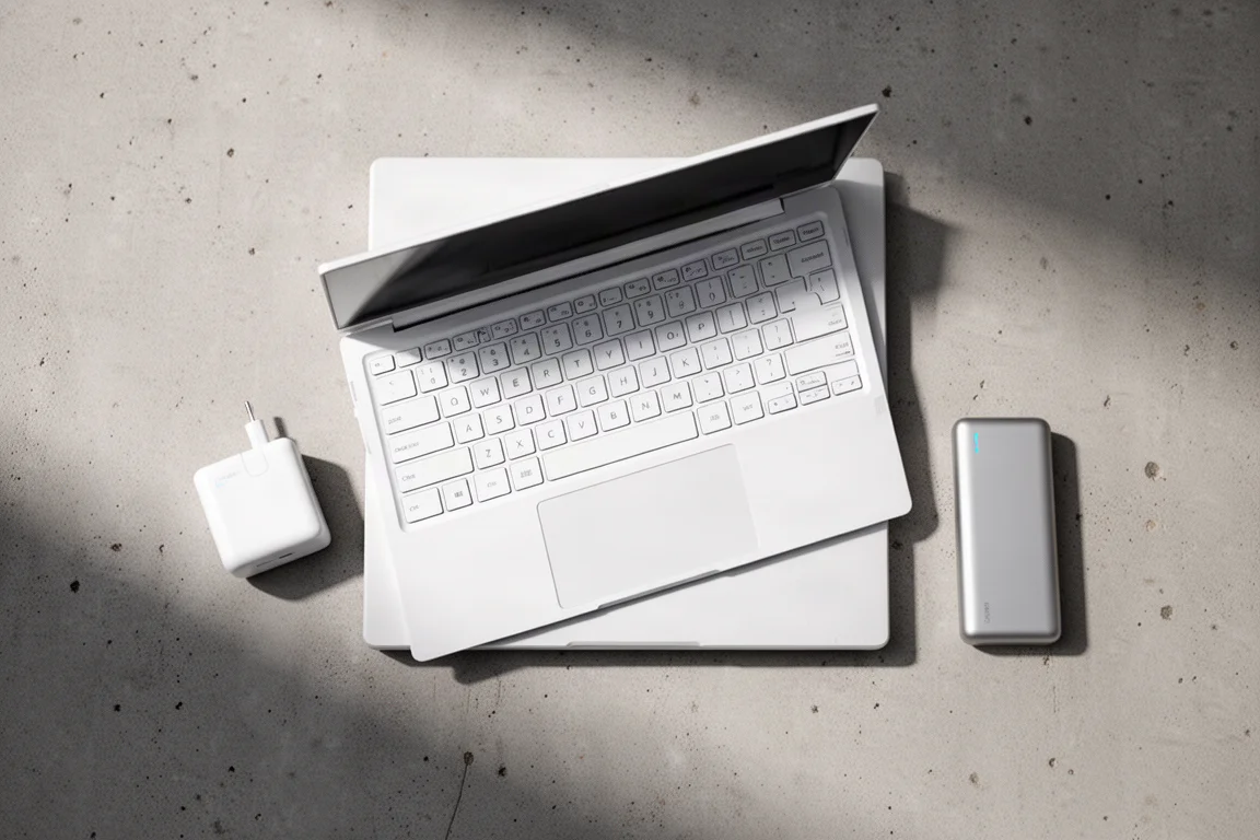 筆電俯視圖，一旁有 140W USB-C 變壓器與 99.9Wh 電池