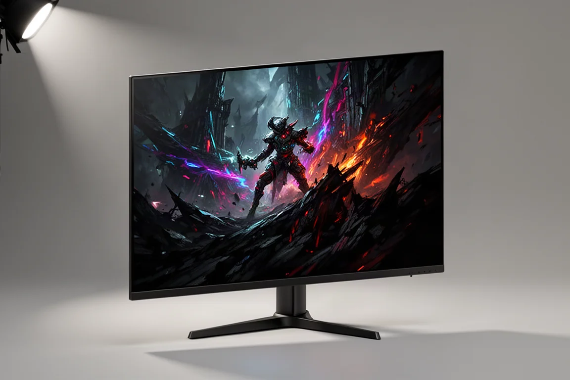 ASUS XG32UCWG glänzender OLED-Gaming-Monitor auf einer matten Betonoberfläche