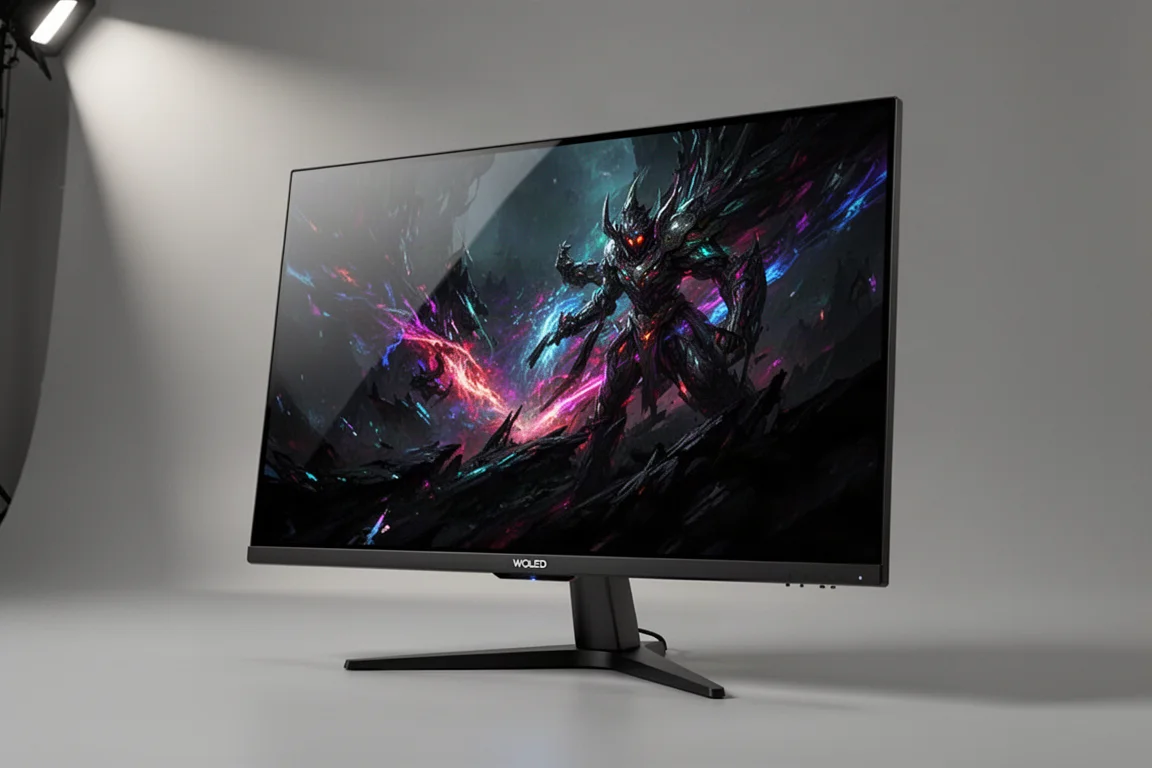 ASUS XG32UCWG glänzender OLED-Gaming-Monitor auf einer matten Betonoberfläche
