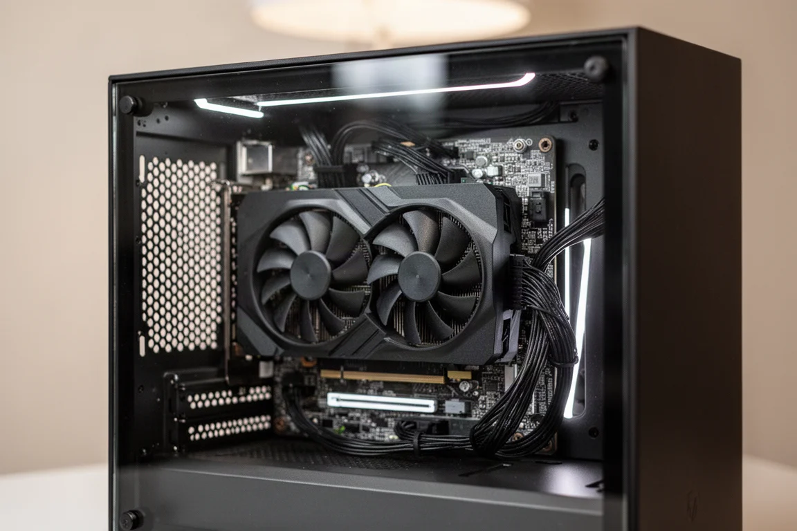 小型フォームファクターPCケースに取り付けられたグラフィックスカードと、整理されたケーブル管理