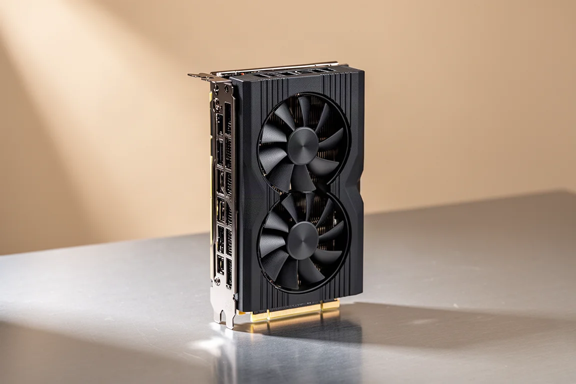 Scheda grafica Asus Prime RTX 5070 Ti con rivestimento nero opaco e doppia ventola su superficie in alluminio spazzolato