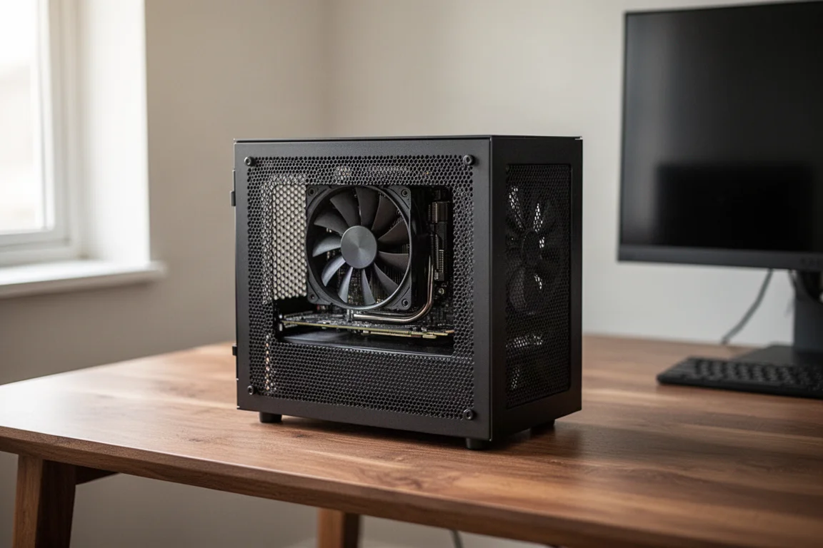Kompaktes Mini-PC-Gehäuse auf einem Schreibtisch, Grafikkarte durch das Mesh-Panel sichtbar