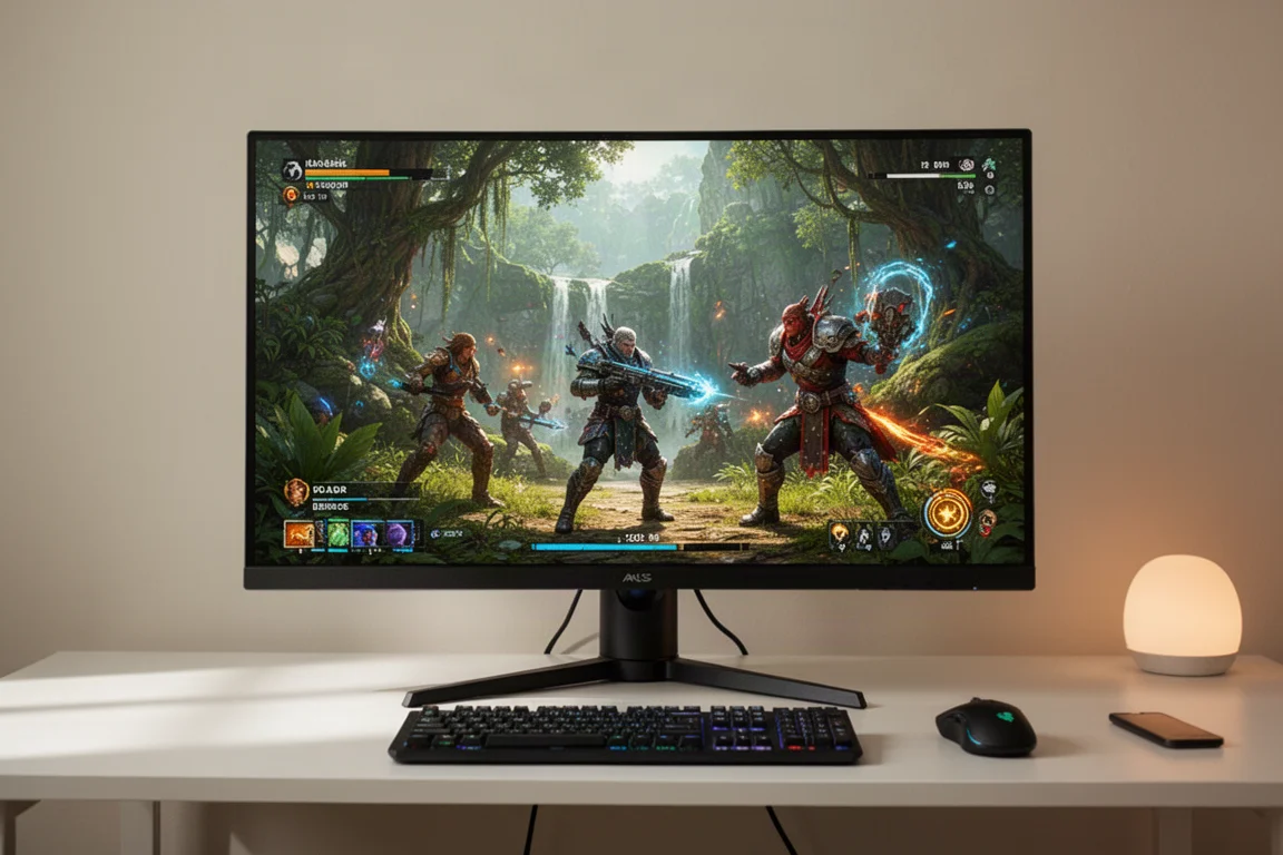 Gaming-Monitor mit lebendiger Spielszene bei hoher Bildrate