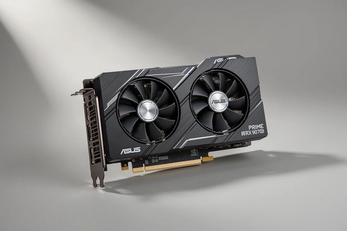 グレーの背景にデュアルファンを備えたASUS Prime RX 9070 OCグラフィックスカード