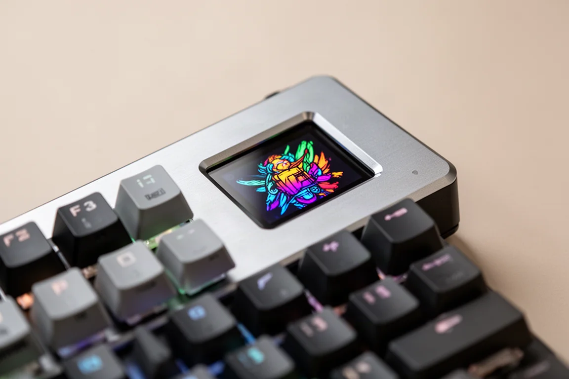 カスタムグラフィックを表示する鮮やかなOLEDディスプレイを備えたゲーミングキーボードのクローズアップ