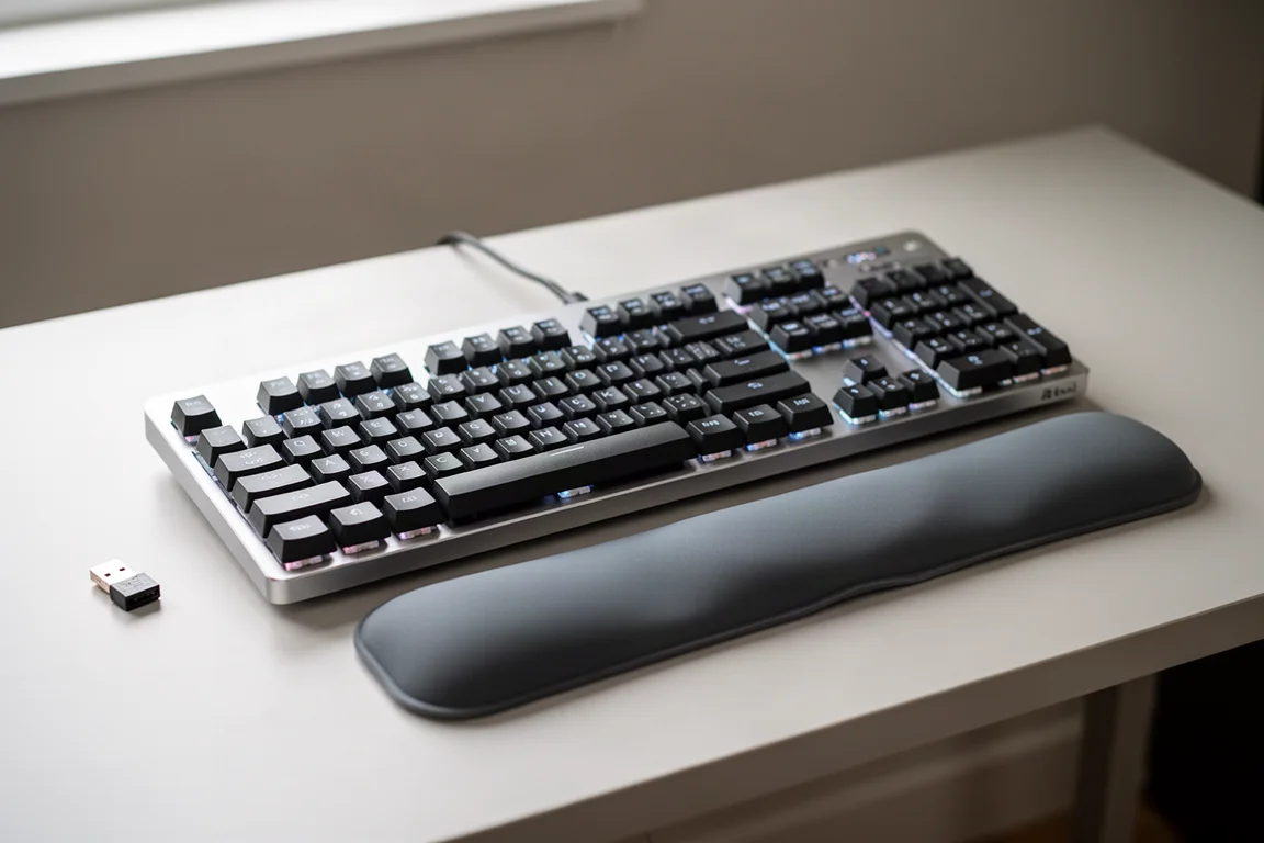 ワイヤレスドングルとリストレストが近くに置かれたデスク上のゲーミングキーボード