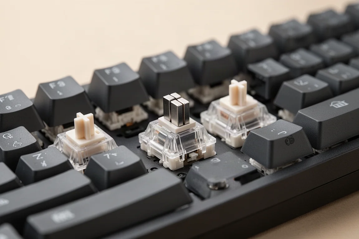 キーキャップを取り外したキーボード内部の磁気ホール効果スイッチのクローズアップ
