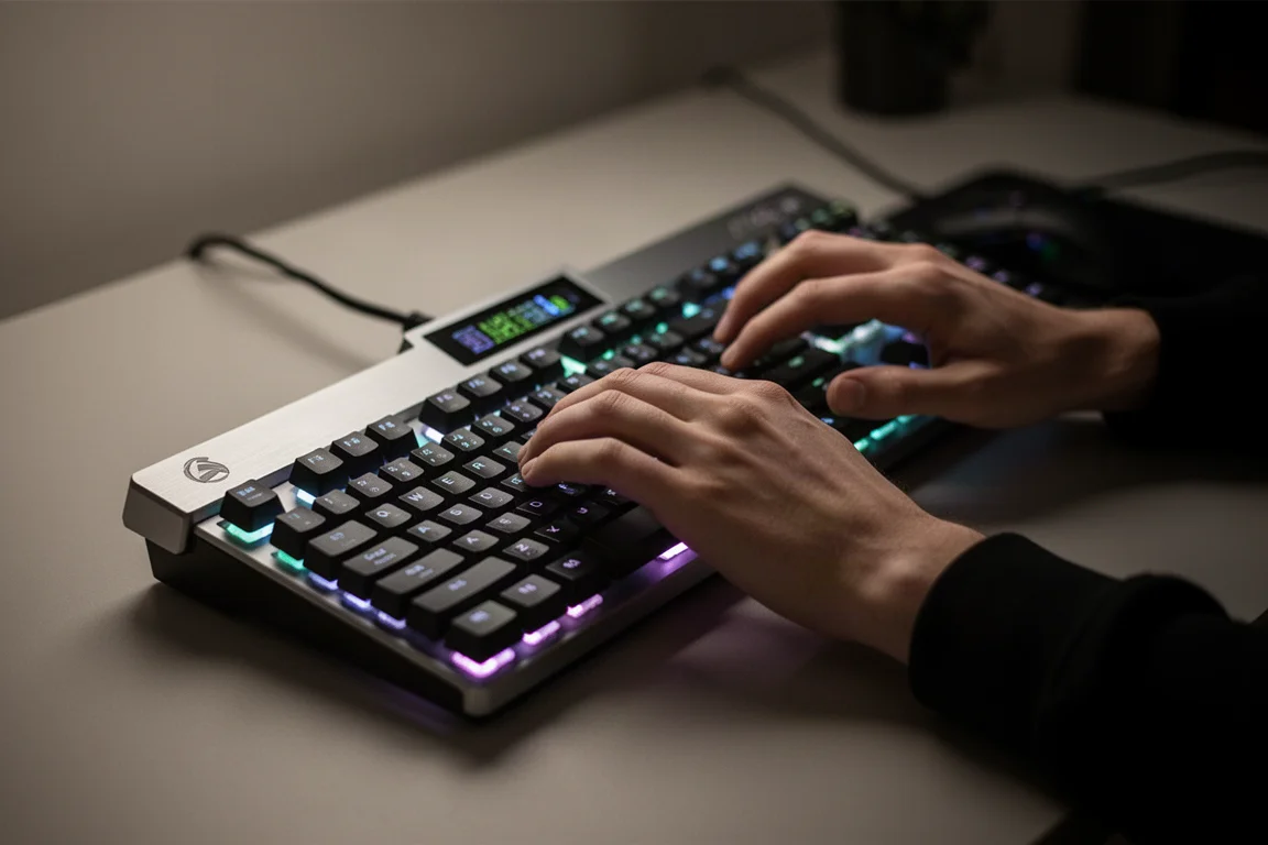 薄暗い部屋でRGBの輝きの中、フルサイズキーボードをタイピングするゲーマーの手