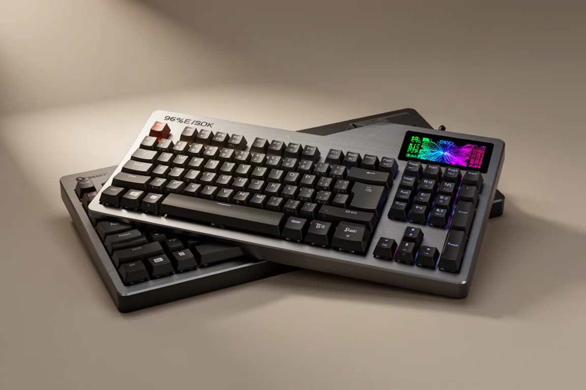 Tastiera da gaming ASUS ROG AOTH 96 con display OLED su sfondo grigio