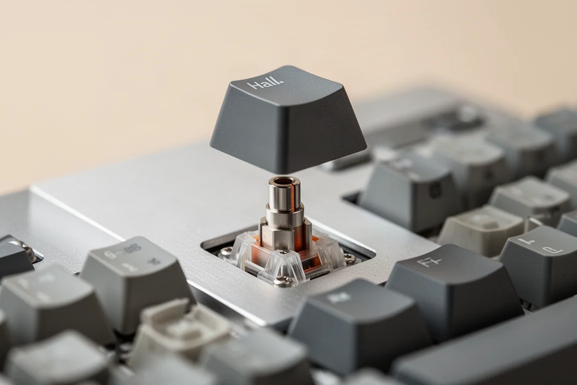 Primo piano dello stelo di un interruttore a effetto Hall e del keycap su una tastiera
