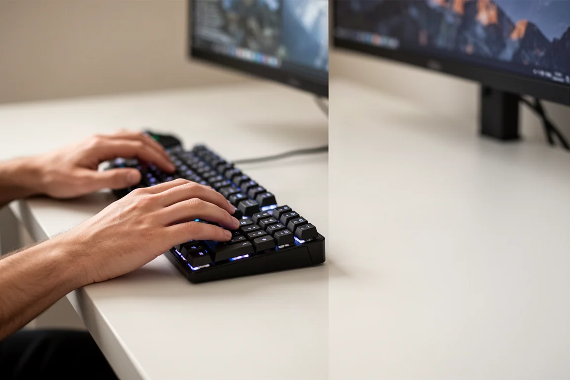 Gamer che usa una singola metà della tastiera con un mouse per avere più spazio sulla scrivania