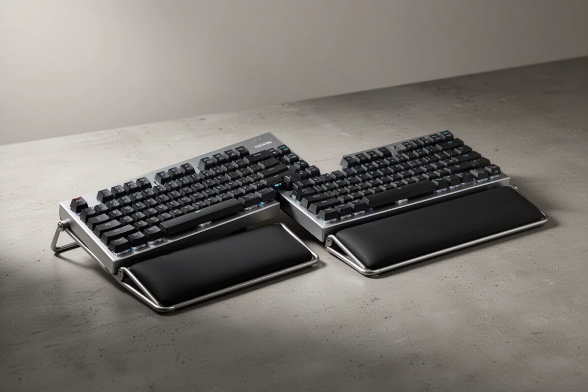 Metà della tastiera split ASUS ROG Falcata con poggiapolsi su superficie in cemento