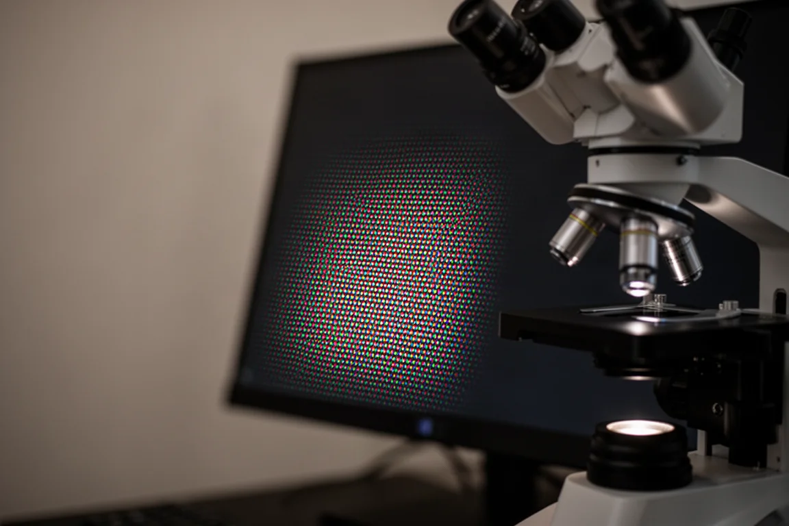 Primo piano del pannello di un monitor da gioco che mostra una vista al microscopio del layout dei subpixel