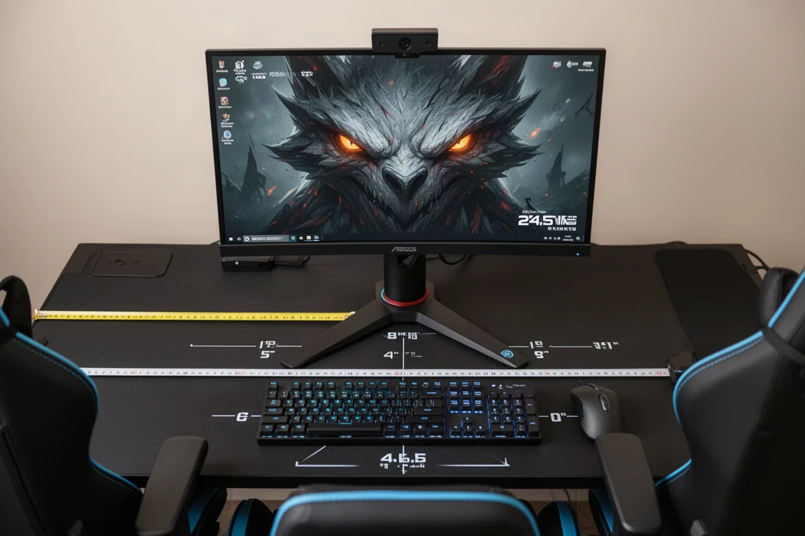 Giocatore esports che regola un piccolo monitor da gioco con un metro sul tavolo