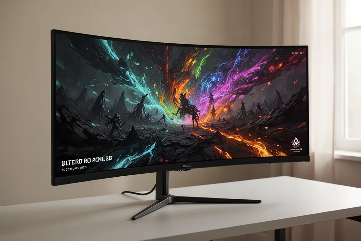 Monitor da gioco ultrawide che mostra una scena di gioco vivace su una scrivania