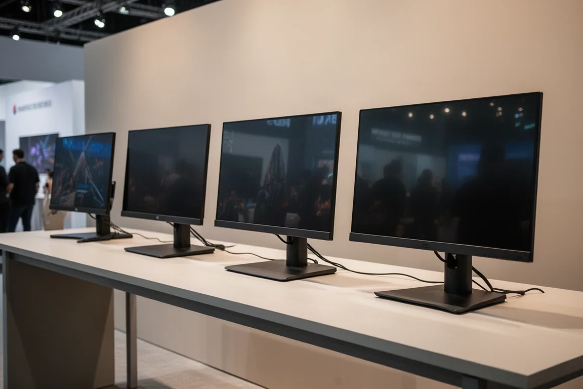 Vier ASUS-ROG-Gaming-Monitore, die auf einem Messestand ausgestellt sind