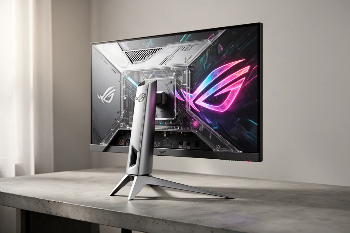 ASUS ROG PG27AQWP-W 顯示器，銀色設計，置於桌上