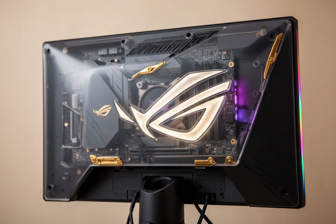 ASUS ROG Swift OLED 顯示器背面視圖,顯示半透明背板與金色點綴