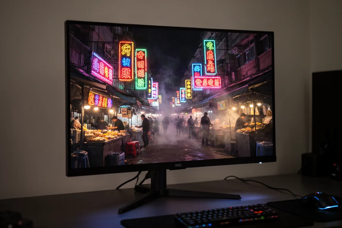 電競顯示器顯示 Cyberpunk 2077 中充滿活力的霓虹夜市場景