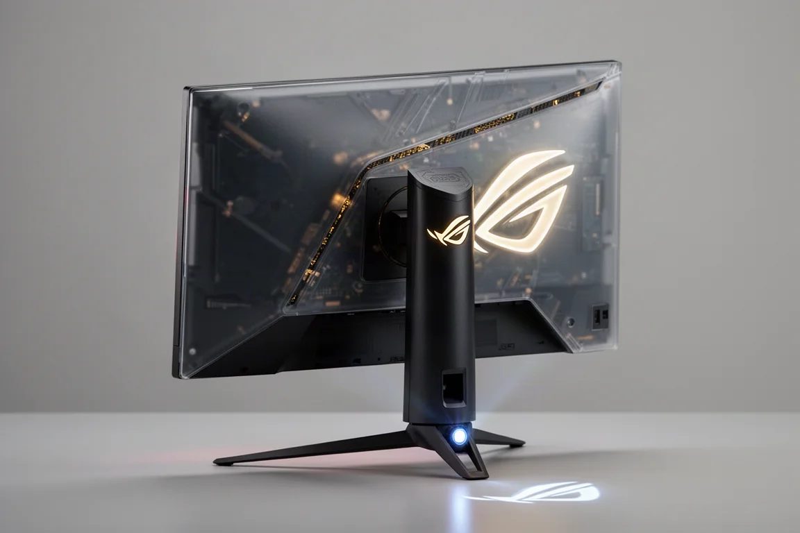 ASUS ROG Swift OLED PG27AQDP G Edition 20 電競顯示器，具半透明背蓋與金色點綴