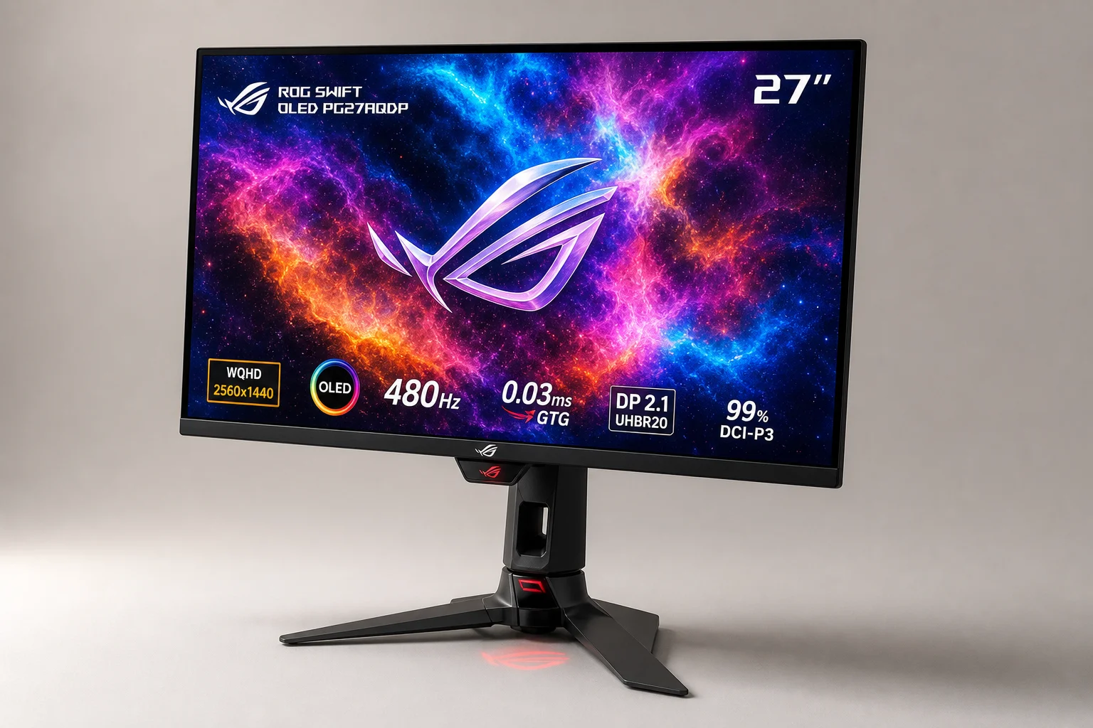 AOC Q27G41ZDF och Asus ROG Swift OLED gamingskärmar sida vid sida på betong