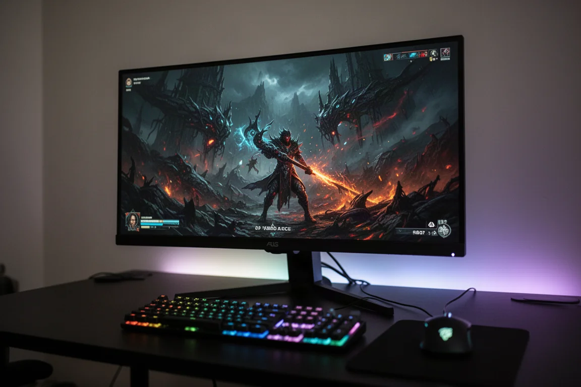 Gaming setup with a monitor displaying a vibrant game scene in a dim room
