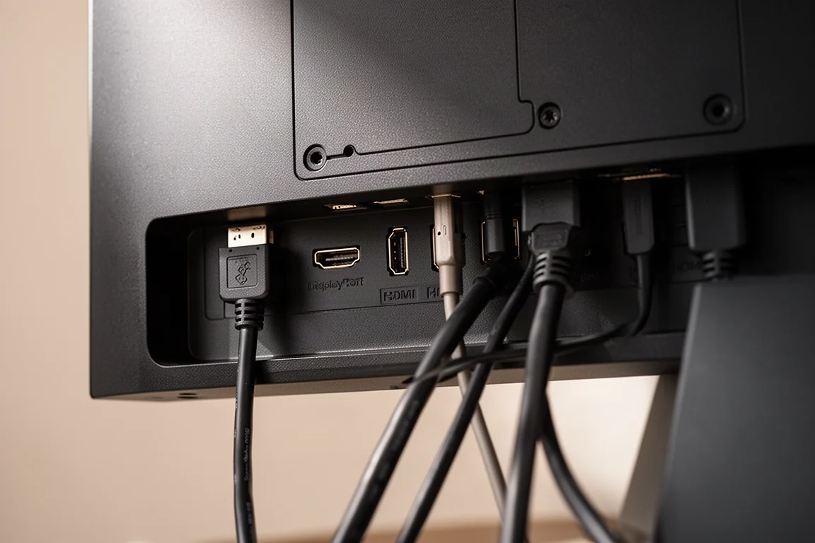 Close-up of a monitor's rear panel showing ports and cable management