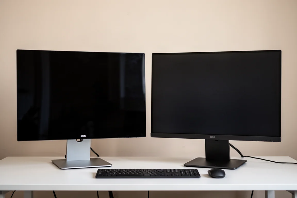 Side-by-side comparison of two monitors on a desk showing different screen coatings