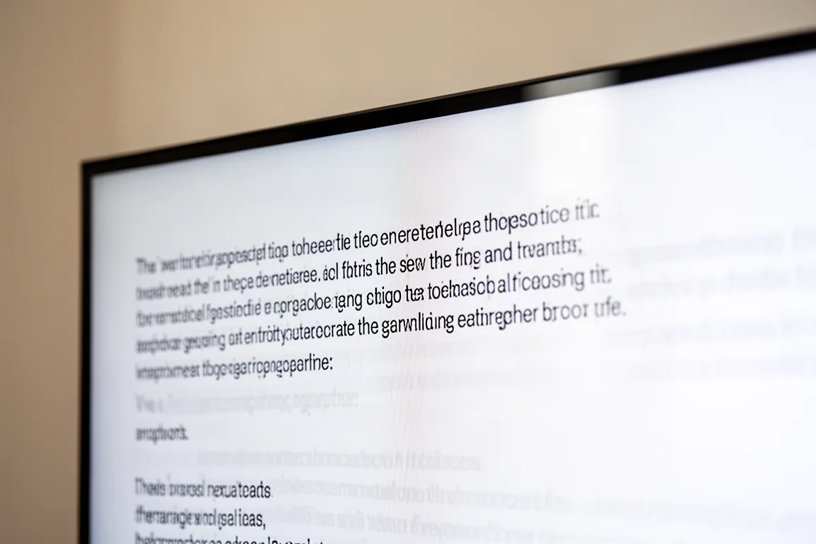 Close-up of text on a glossy OLED monitor screen showing sharp character edges