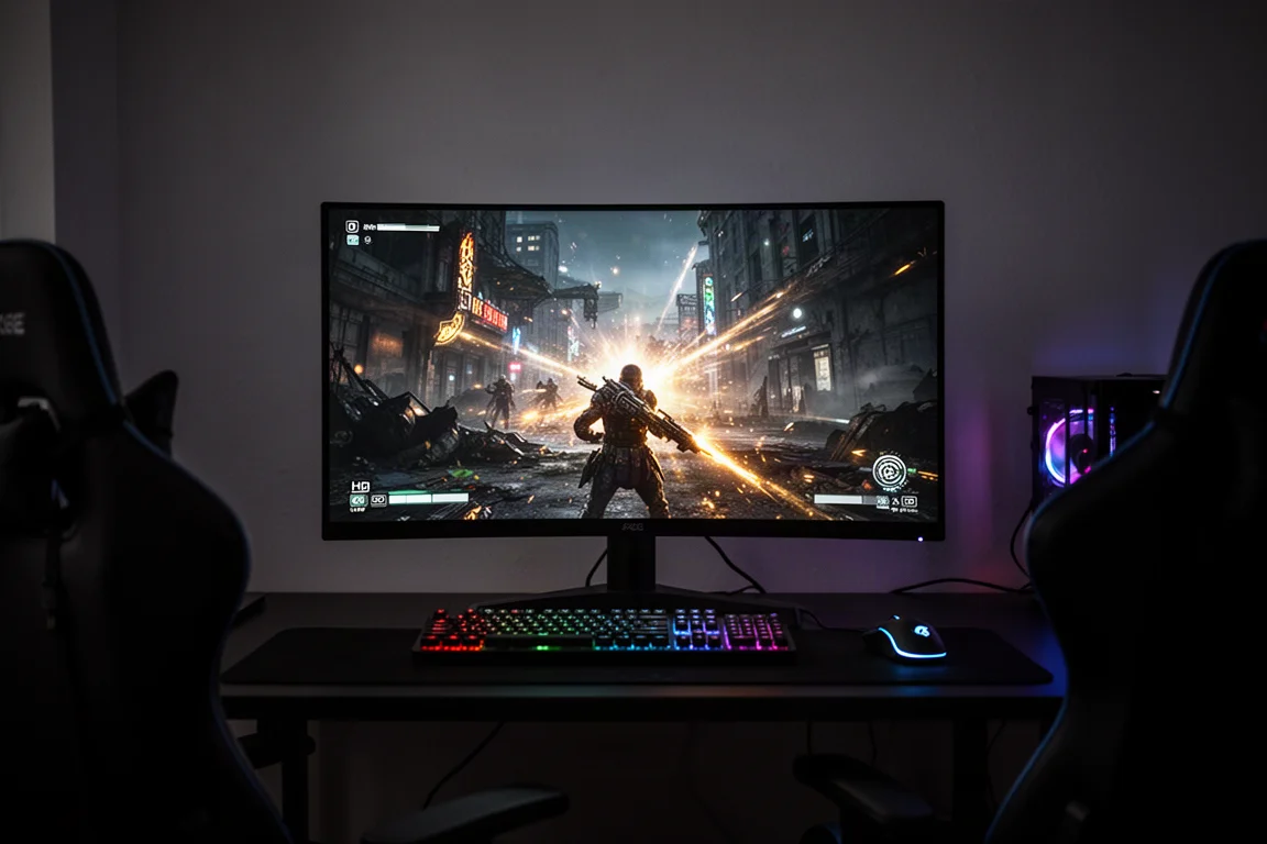 Dark gaming room with a monitor displaying a bright HDR scene with deep blacks