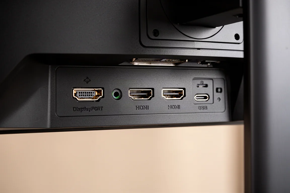 Close-up of a monitor rear panel showing ports and a USB hub