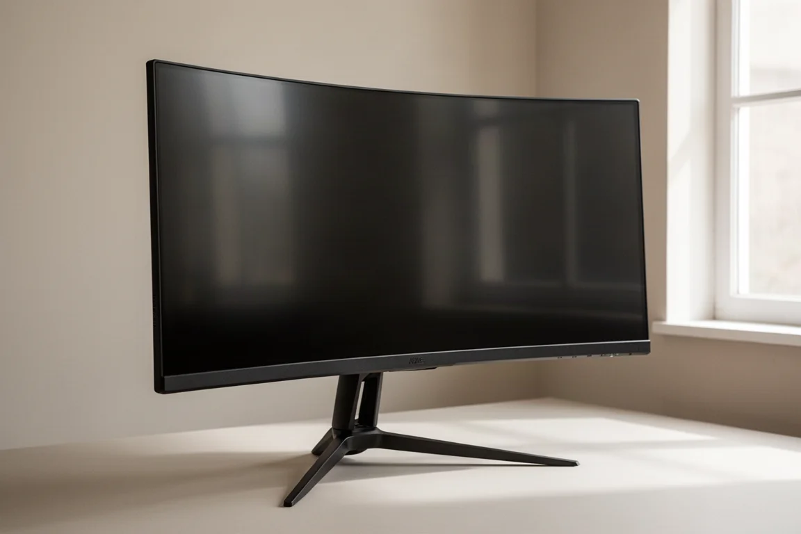 Monitor gaming ultrawide curvo mostrando un paisaje vibrante sobre un escritorio en una habitación oscura