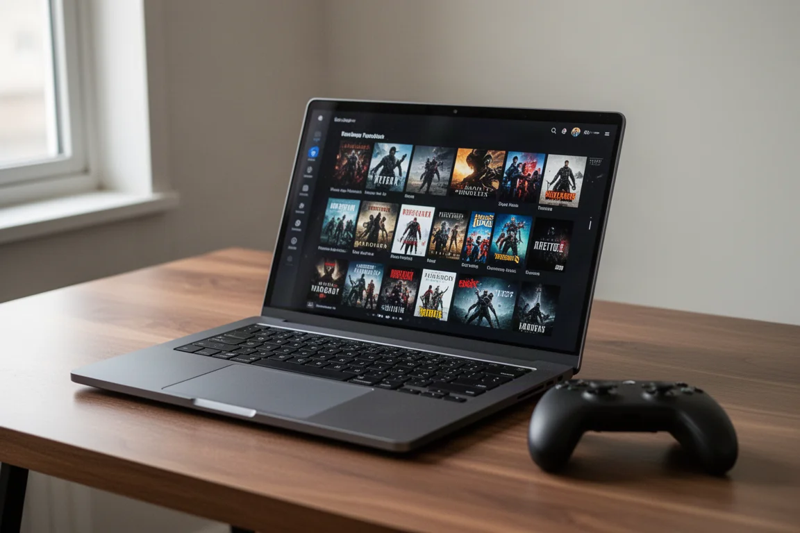 執行 Steam OS 的遊戲筆電,螢幕上顯示遊戲選單