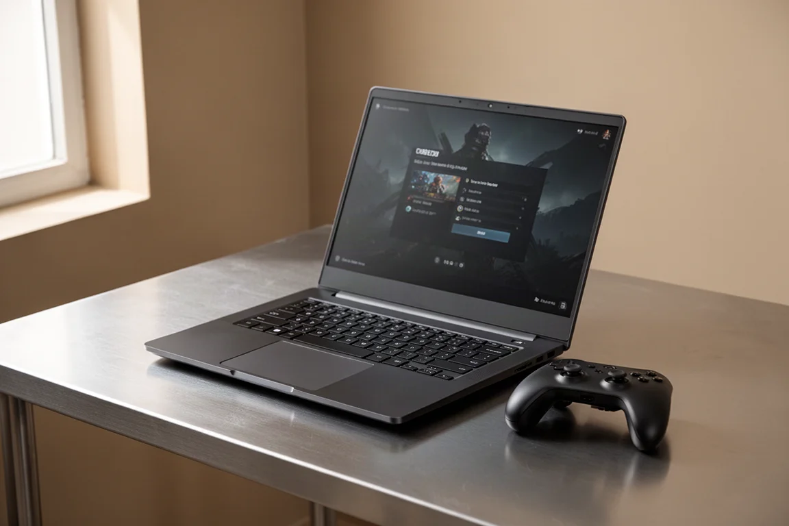 ASUS TUF Gaming A14 筆電在桌上開啟，旁邊放著遊戲控制器