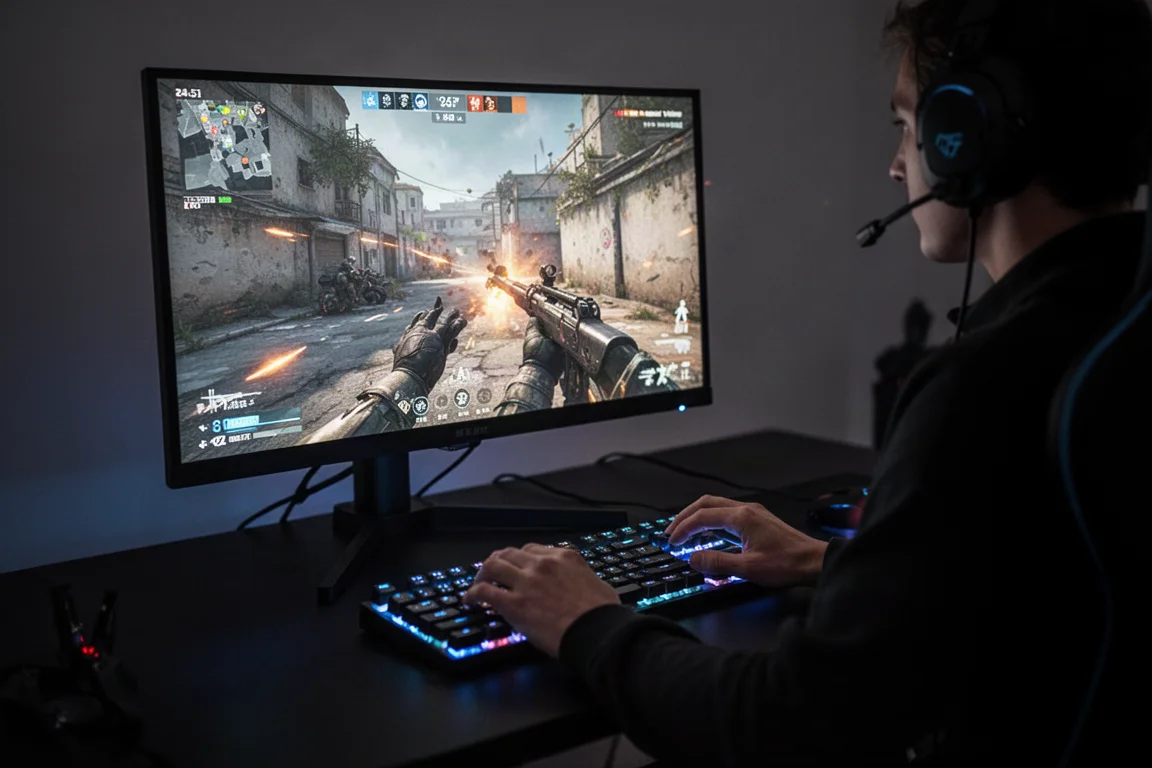 机の前でゲーマーが24.5インチモニターで高速シューティングゲームをプレイしている様子