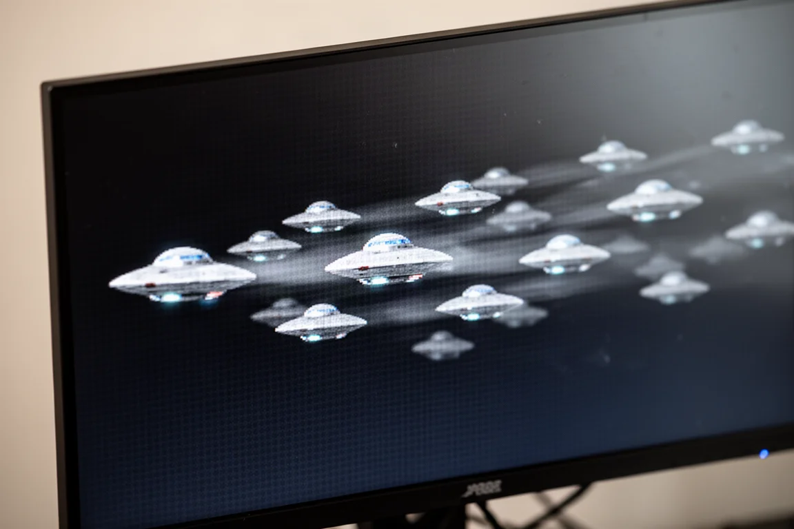 モニター画面のクローズアップ。動くUFOを使ったモーションブラーテストパターンを表示