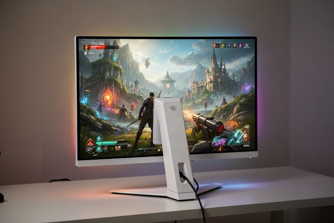 白い背面パネルのゲーミングモニターが鮮やかな4Kゲームシーンを表示