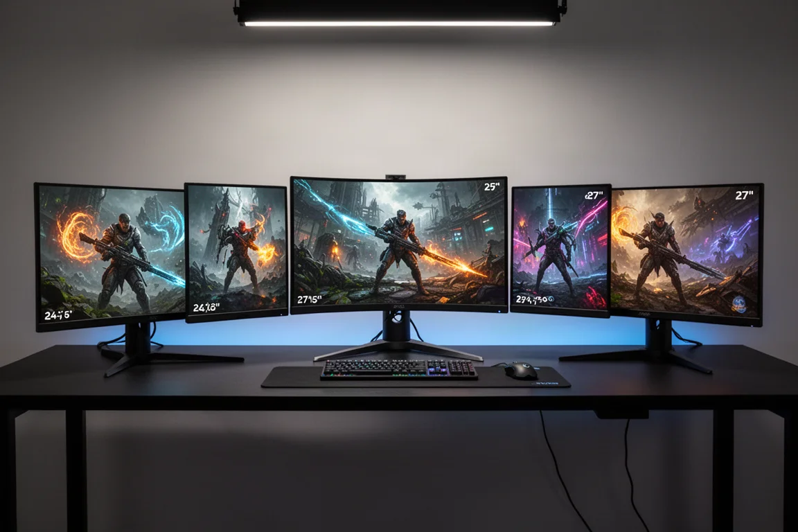 Cinque monitor da gioco ASUS serie XG in fila su una scrivania, ciascuno che mostra una scena di gioco diversa