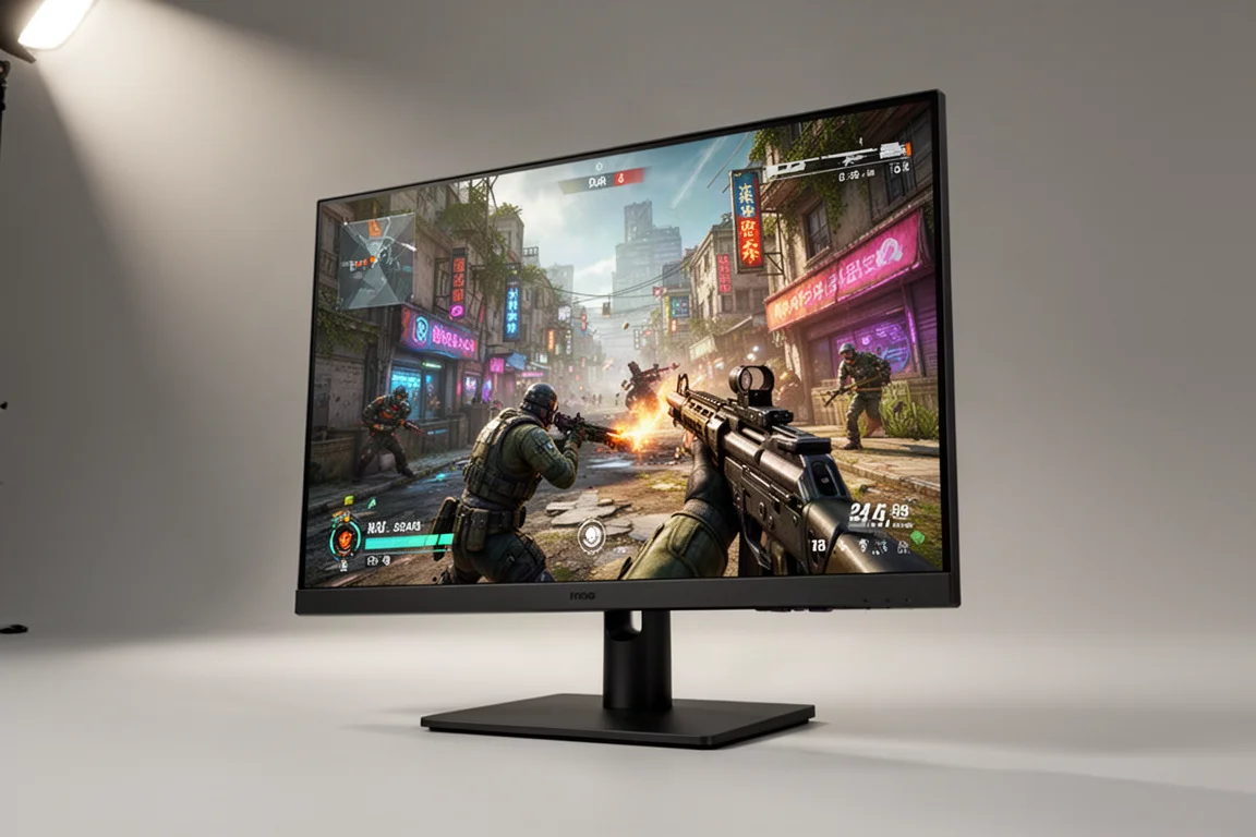 デスク上にASUS XGシリーズのゲーミングモニターが5台並び、それぞれ異なるゲームシーンを表示している様子