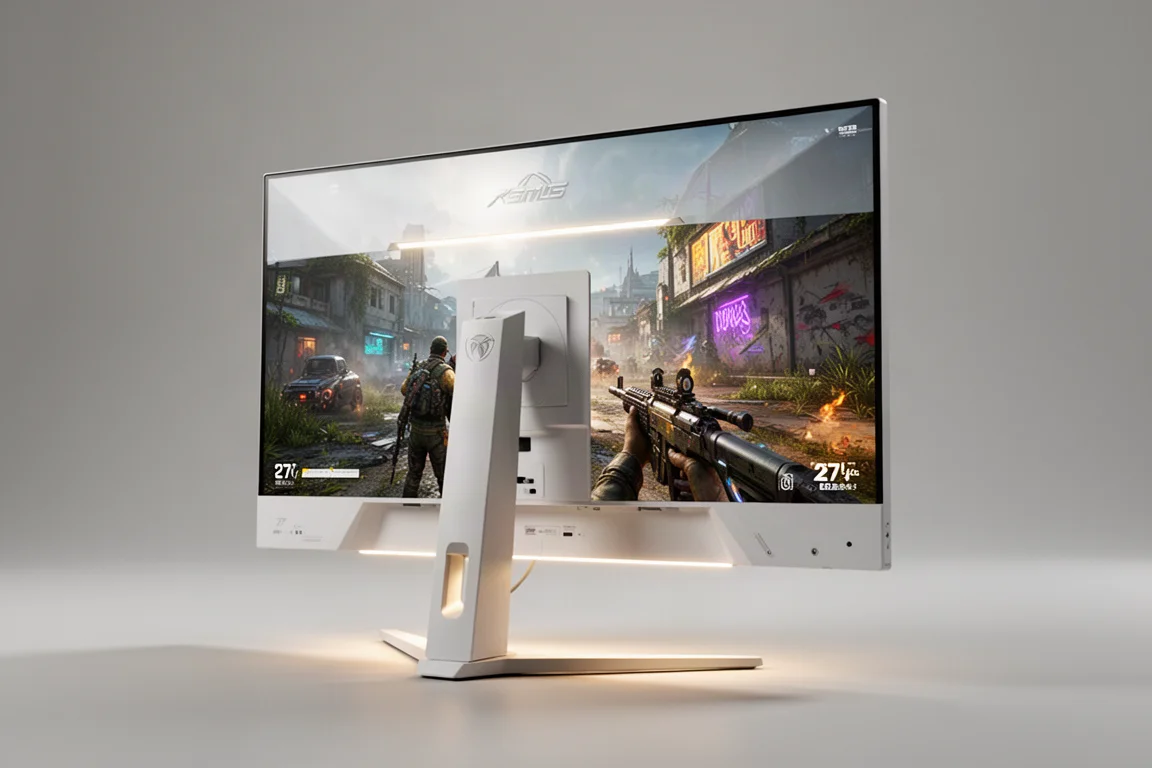 デスクに並ぶ5台のASUS XGシリーズゲーミングモニター。それぞれ異なるゲームシーンを表示している