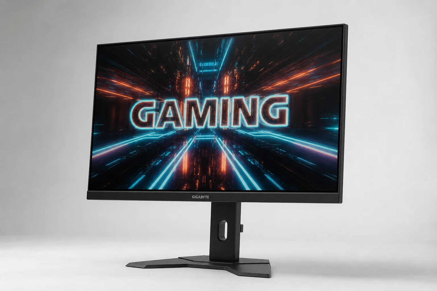 Cinque monitor da gaming disposti su una superficie in cemento che mostrano display 1440p IPS e OLED