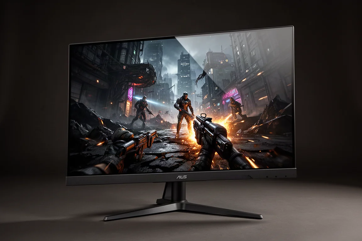 デスク上に並ぶ5台のASUS XGシリーズゲーミングモニター。それぞれ異なるゲームシーンを表示しています。