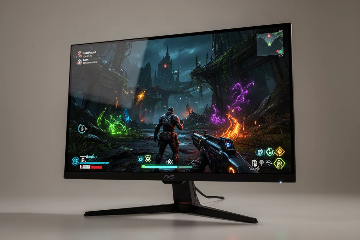 Glossy-OLED-Monitorbildschirm mit tiefen Schwarztönen und lebendigen Farben in einem abgedunkelten Raum
