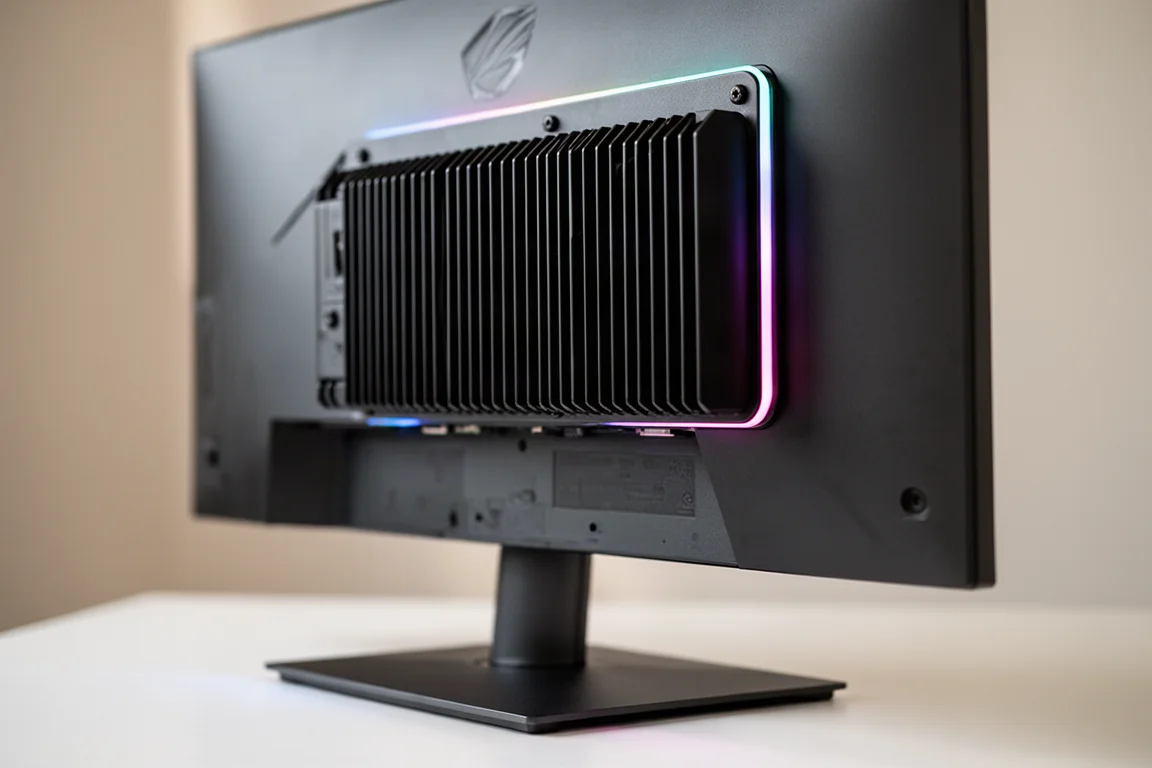Nahaufnahme der Monitorrückseite mit großem Kühlkörper und RGB-Beleuchtung