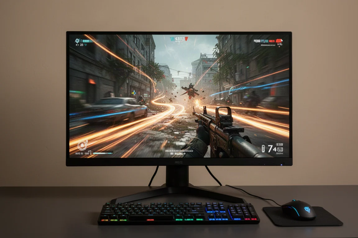 Gaming-Monitor zeigt einen Ego-Shooter bei hoher Bildwiederholfrequenz