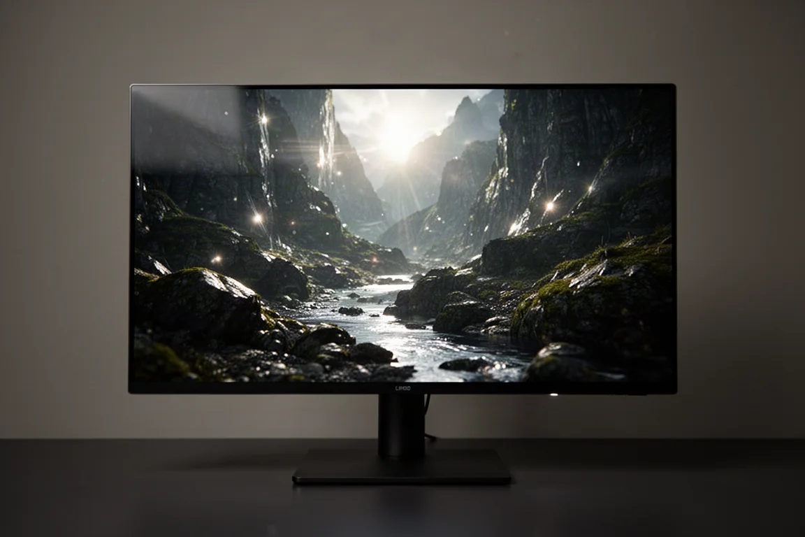 Monitorbildschirm mit HDR-Inhalten, hellen Glanzlichtern und tiefen Schatten